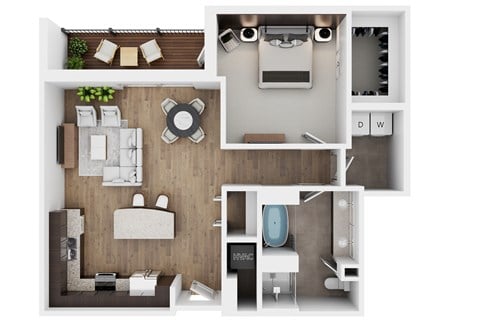 Floor plan for 1 bed, 1 bath, 896 sqft